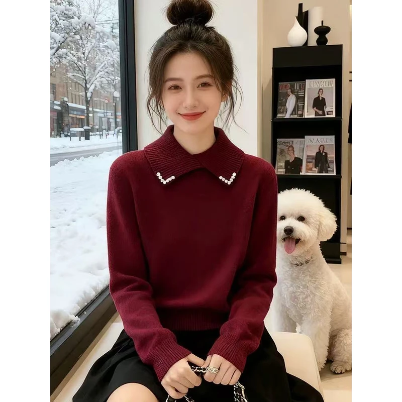 6427过新年穿搭红色翻领毛衣女秋冬季超好看内搭上衣设计感打底针