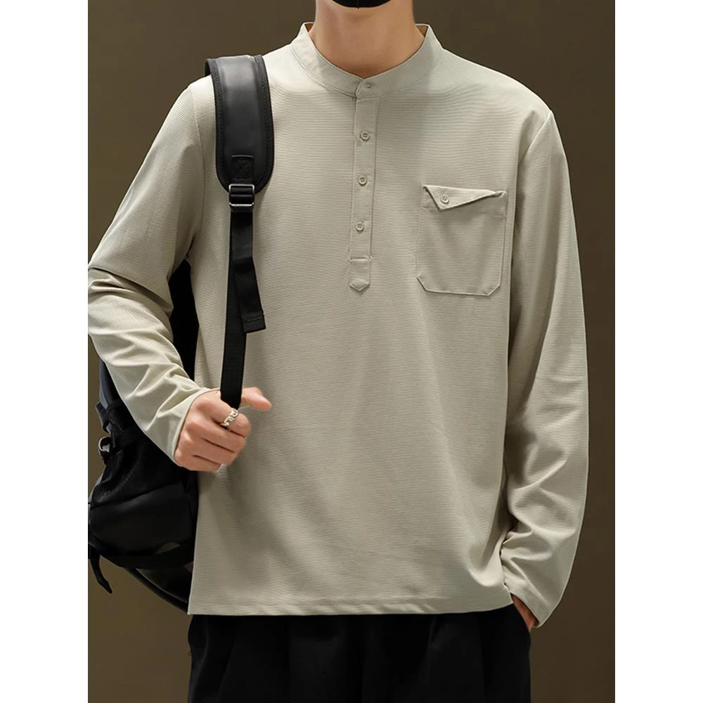 ICCLEK亨利领长袖t恤男春秋季2025新款宽松潮牌内搭打底衫卫衣薄