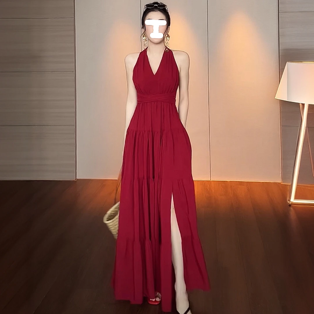 夏季法式婚宴订婚收腰红色开叉连衣裙显瘦V领挂脖无袖裙子长裙