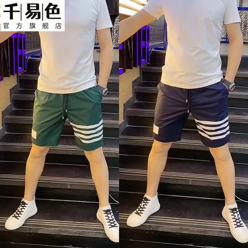 夏季薄款速干宽松短裤男爆款外穿四道杠条纹沙滩裤网红运动五分裤