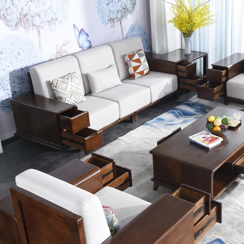 柏韵堂全柏木实木沙发组合123U型储物多功能