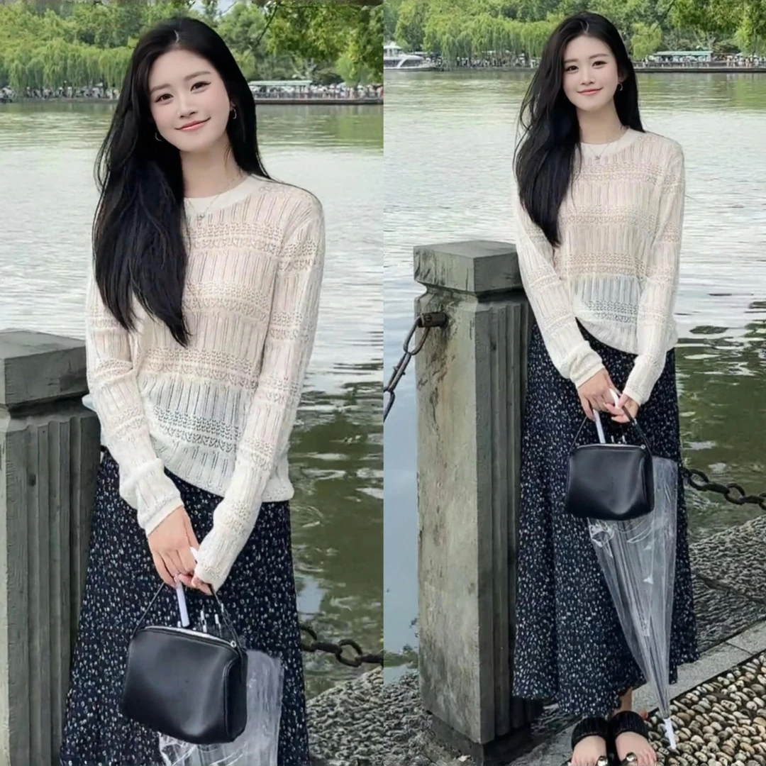 设计感交叉镂空针织衫宽松舒适长袖法式气质鱼尾裙时髦半身裙套装