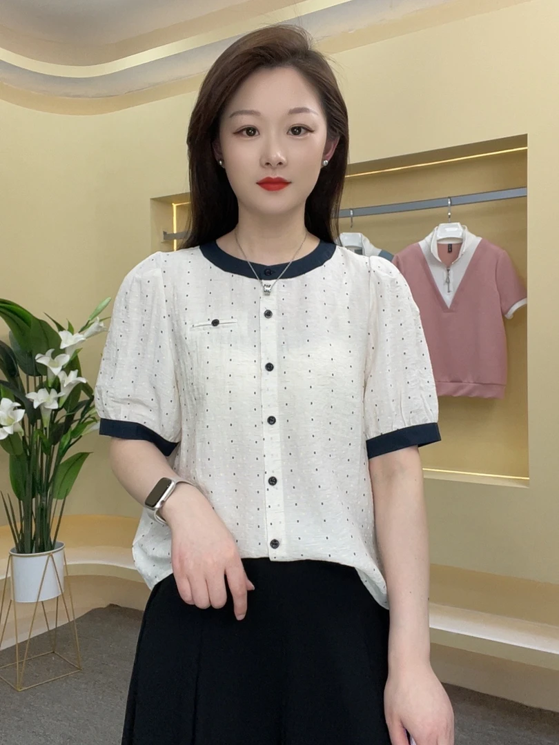 时尚减龄拼接圆领短袖上衣百搭拼色法式小众气质显瘦半袖洋气6681