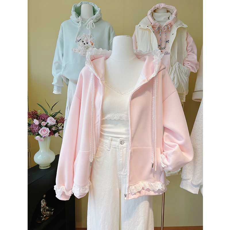 甜美樱花粉气质花边卫衣女秋冬时尚中长款时尚纯色拉链卫衣外套潮