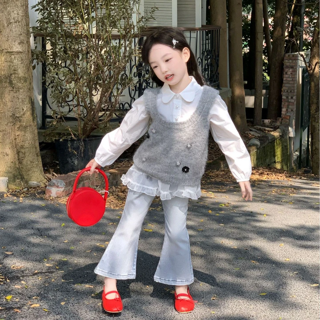 空空子.Studio【钉花松露】2025韩版秋季新款女童马甲衬衣洋气套装