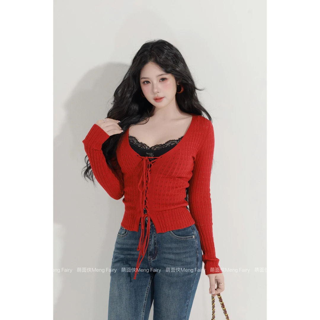 现货萌面侠【布蕾甜酒】莱赛尔天丝上衣蕾丝拼接针织吊带6718M6706M