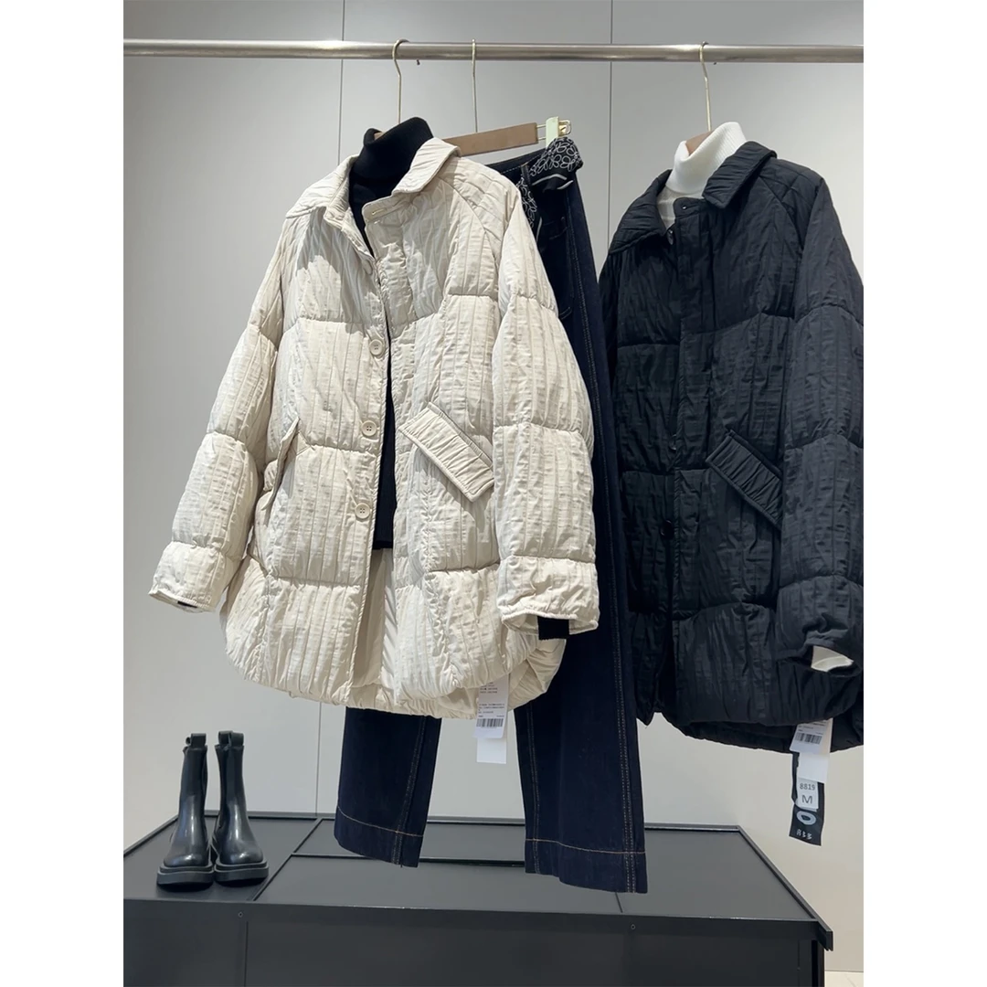 高品质！厚实保暖翻领排扣褶皱斜翻盖口袋宽松百搭加厚款棉服上衣