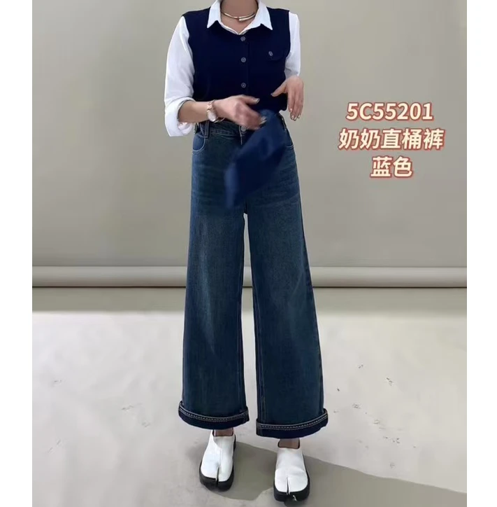 胖淼淼秋季新款女装休闲牛仔时尚显瘦女士奶奶直筒裤5C55201