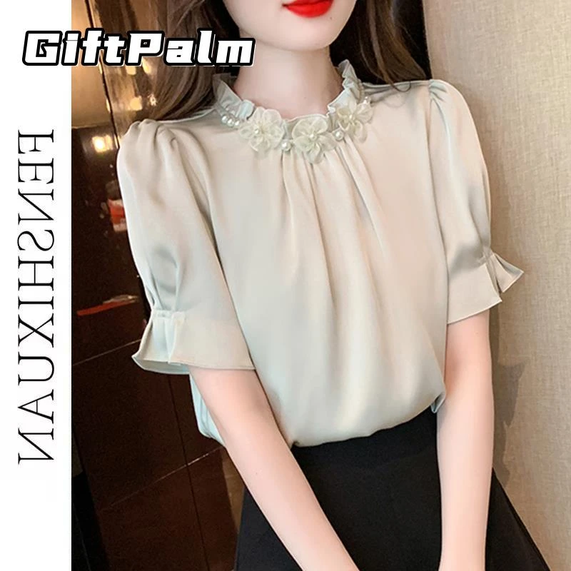 GiftPalm立领木耳边雪纺衬衫女短袖夏季拼接洋气小衫百搭显瘦上衣