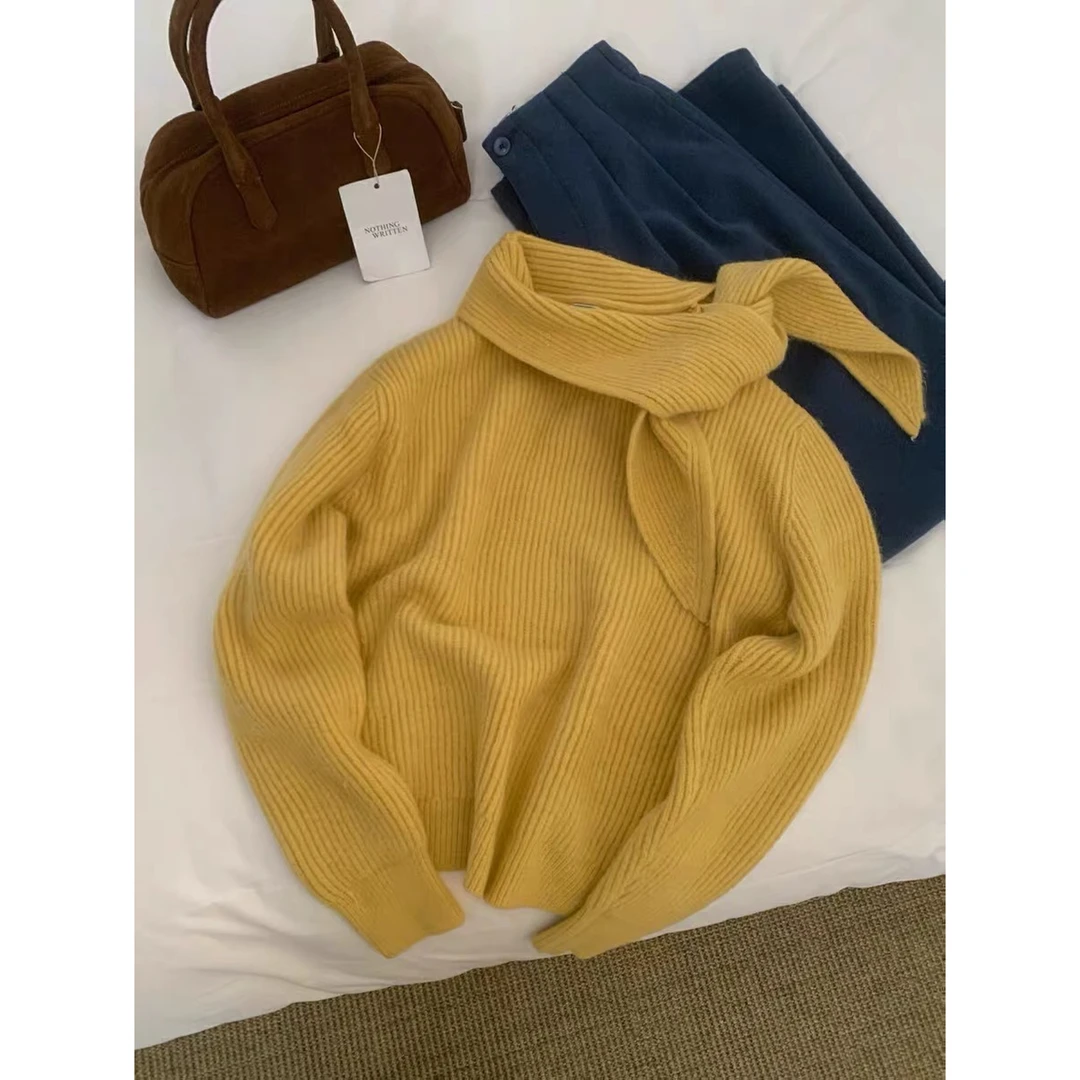 CSF-9944【花花私服❌退❌换】东大门韩系纯色绑带领口百搭毛衣