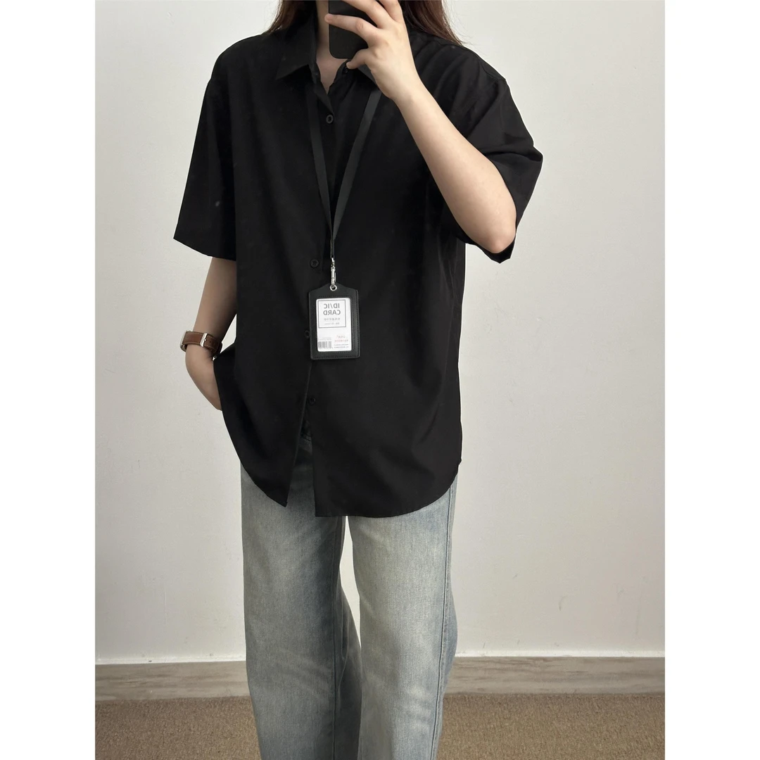 黑色冰丝短袖衬衫男夏季薄款宽松休闲衬衣高级感叠穿情侣外套潮牌