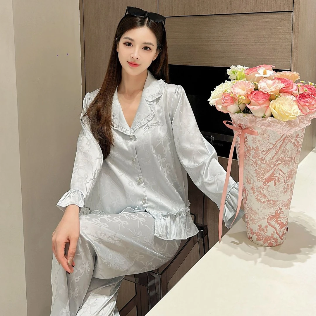 2025秋季新款甜美减龄冰丝睡衣女蝴蝶结提花长袖花边家居服套装女