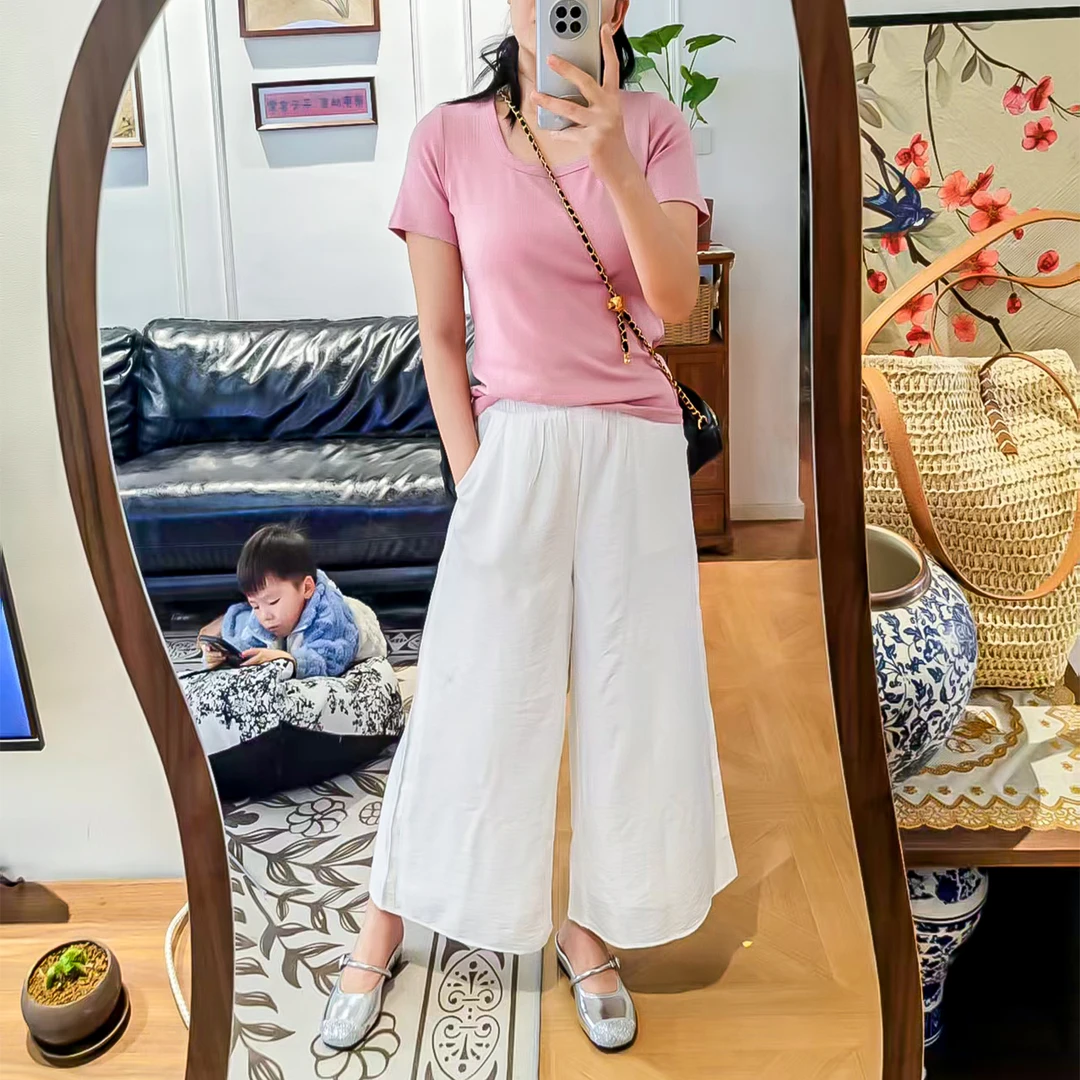 中国风双层阔腿裤女夏季松紧腰宽松系带休闲飘逸裙裤直筒裤子