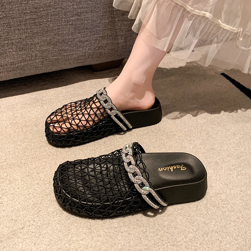 小众水钻镂空渔网包头半拖鞋女夏2025新款网红一脚蹬透气厚底凉拖