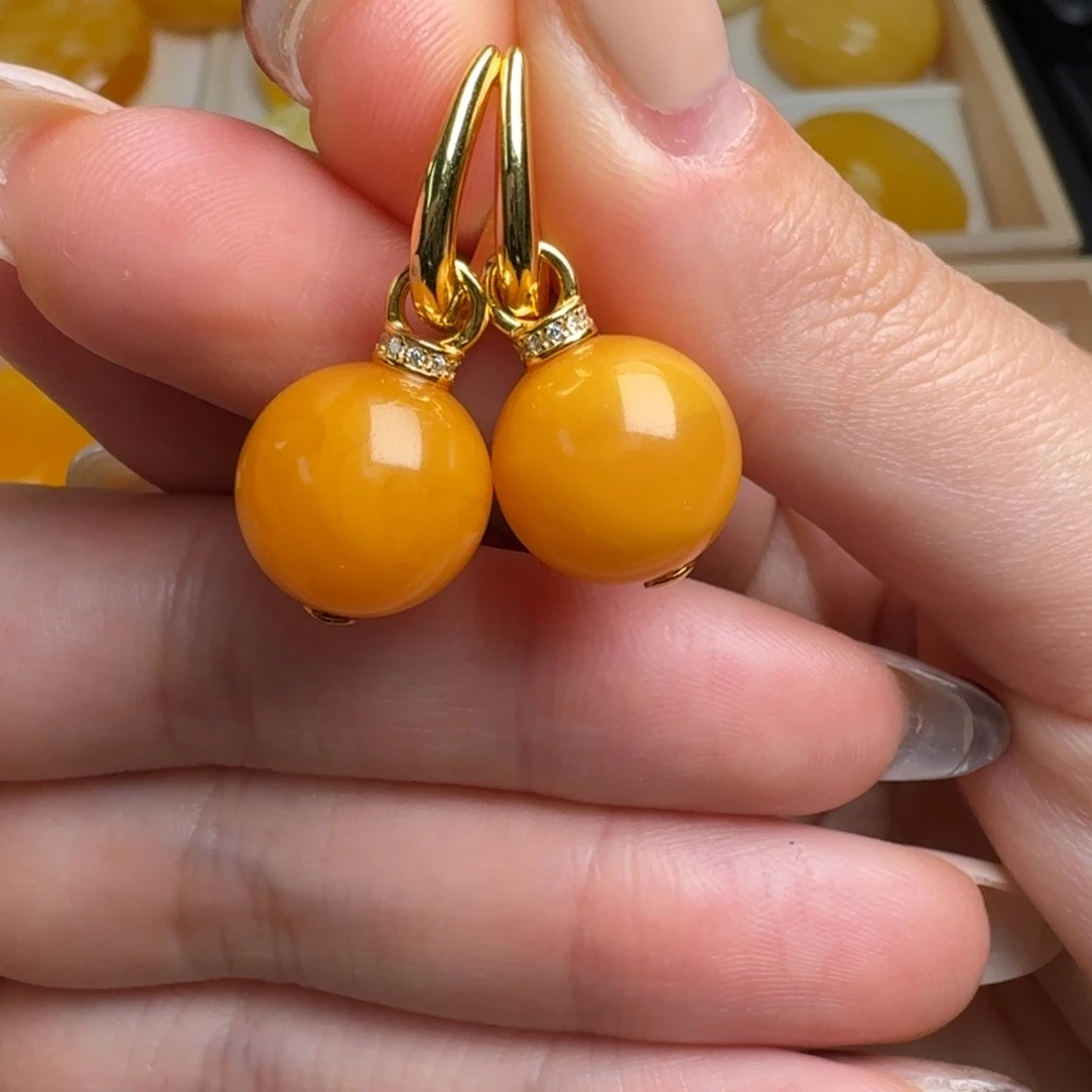 蜜蜡银S925镀金镶嵌耳饰微烤色