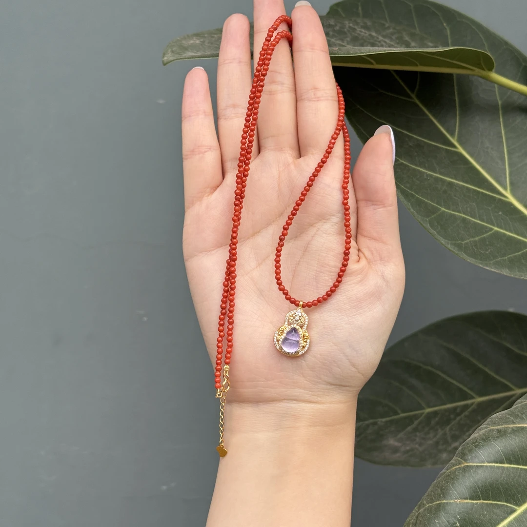 【沐姐珠宝】川料南红2m长款毛衣链紫葫芦吊坠S925银扣