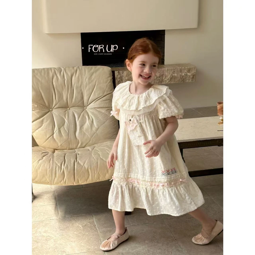 【现货】252-FU-85071奶油米法式萝娜熙花朵刺绣提花连衣裙