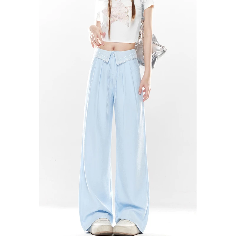 cuwu夏日多巴胺蓝色裤子女2025新款拼接蕾丝翻边宽松阔腿休闲裤子