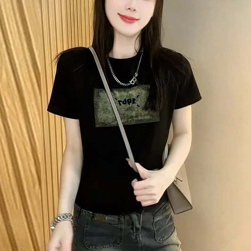高含棉时尚圆领拼接短袖t恤女2025夏季新款洋气减龄宽松显瘦上衣