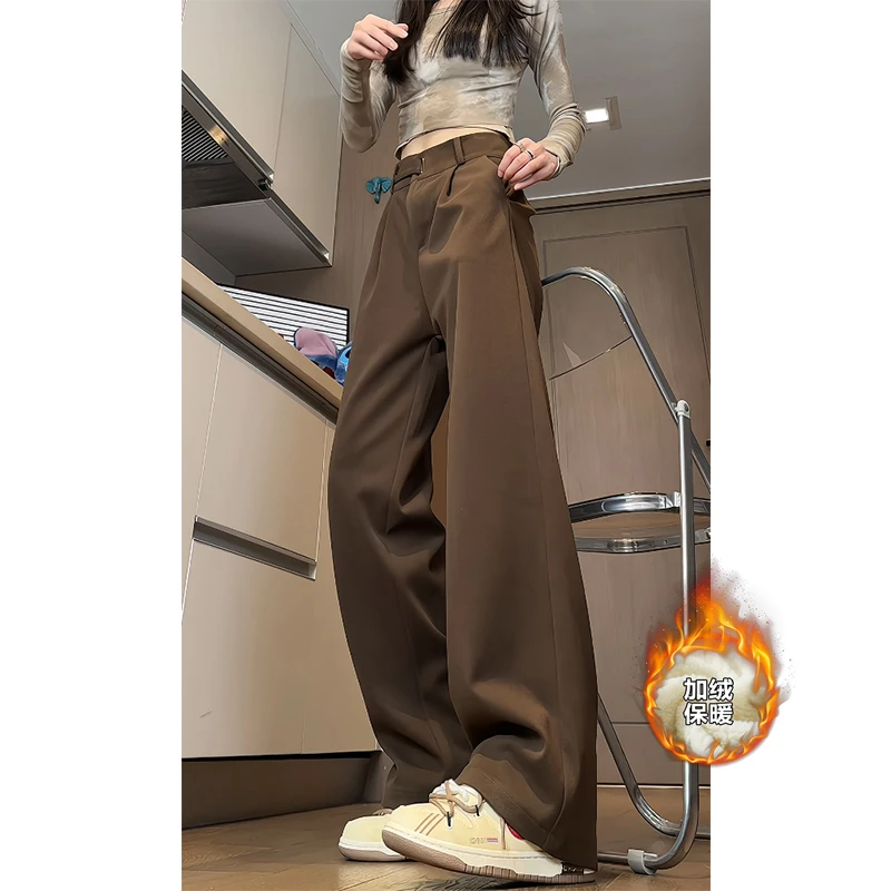 高级感毛呢休闲西裤男女秋冬季加绒加厚保暖垂感直筒宽松阔腿裤子