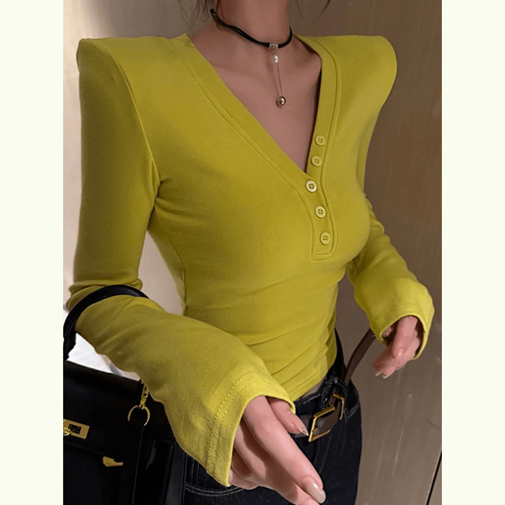 纽扣深V领性感修身显瘦T恤女纯欲辣妹秋冬内搭长袖打底衫收腰上衣