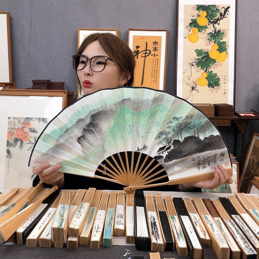 国画10寸玉竹-纯手绘-文玩扇骨（默认粘好）