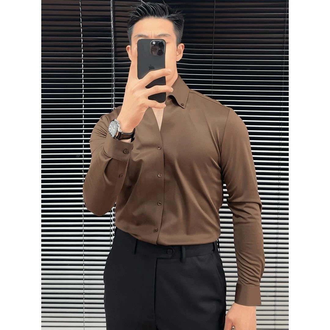 咖啡色V领长袖衬衫男士高级感商务通勤穿搭成熟稳重男装法式衬衣