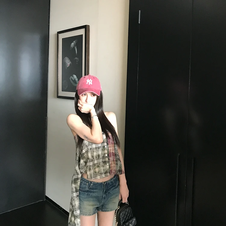 Skk Store 异域rose 两穿拼接格纹绑带收腰抹胸上衣不规则半身裙