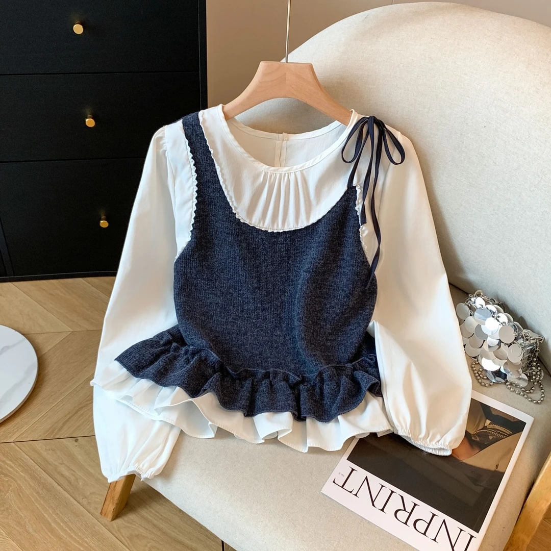 法式甜美木耳边泡泡袖假两件拼接长袖衬衫女秋装不会则系带上衣