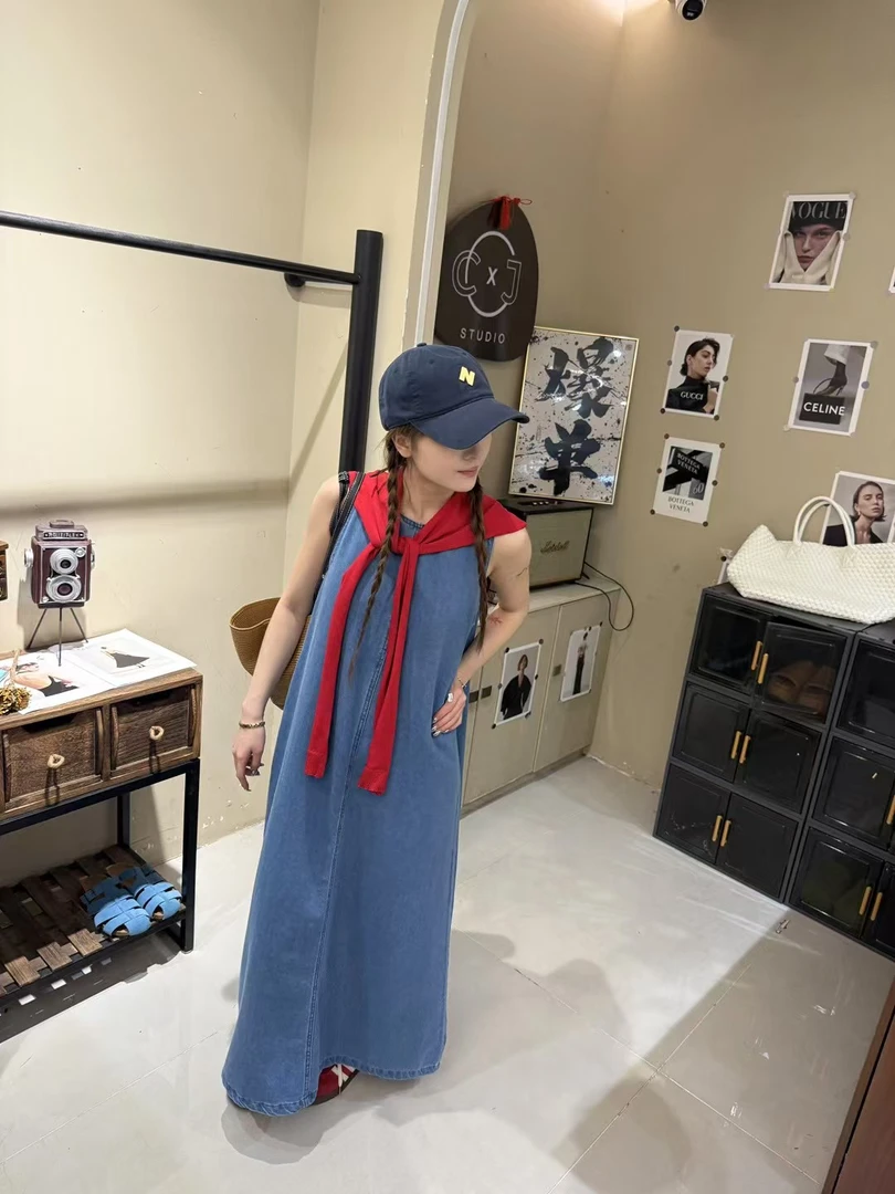 今喜喜JinXi【热烈牛仔有披肩】复古法式小众设计感背心牛仔连衣裙