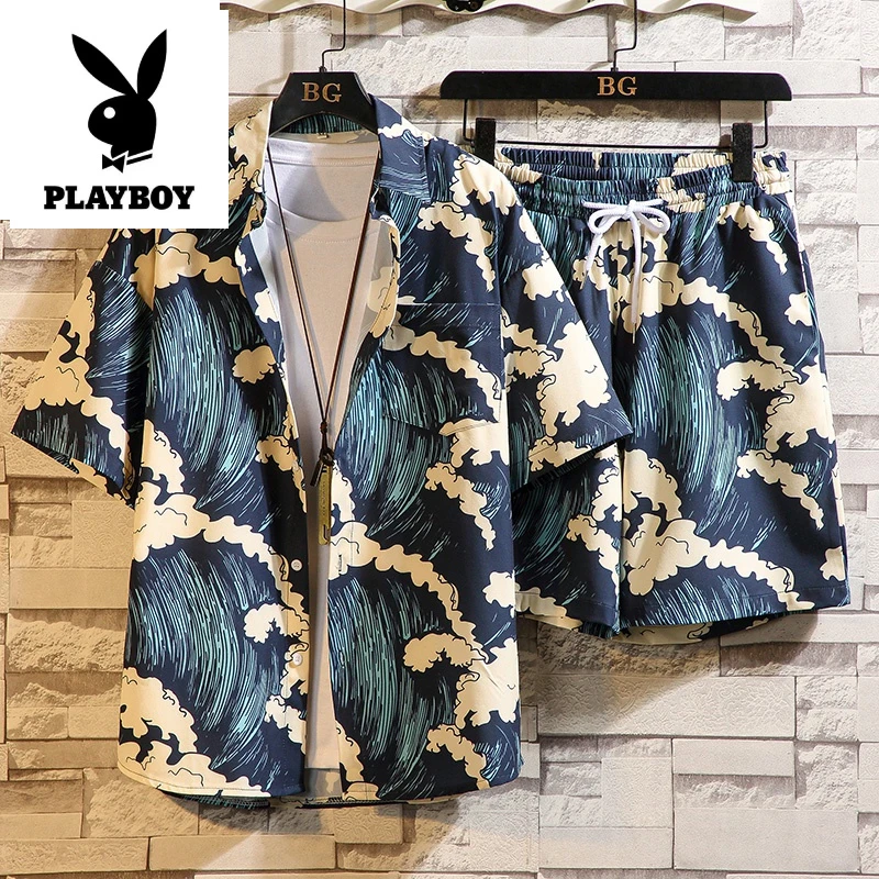 花花公子海边度假沙滩裤男旅游休闲套装冰丝宽松潮流两件套衬衫
