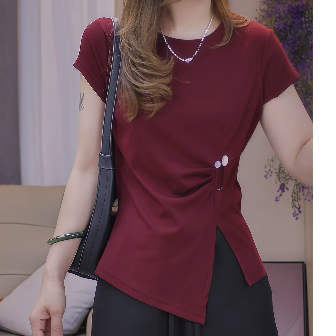 高级感2025正肩短袖t恤女夏季韩版显瘦设计感不规则收腰上衣时尚