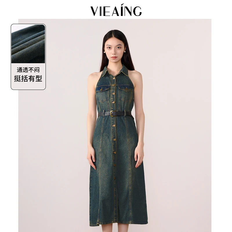 VIEA.ING薇迎挂脖牛仔裙女2025夏季新款通勤优雅无袖连衣裙长裙
