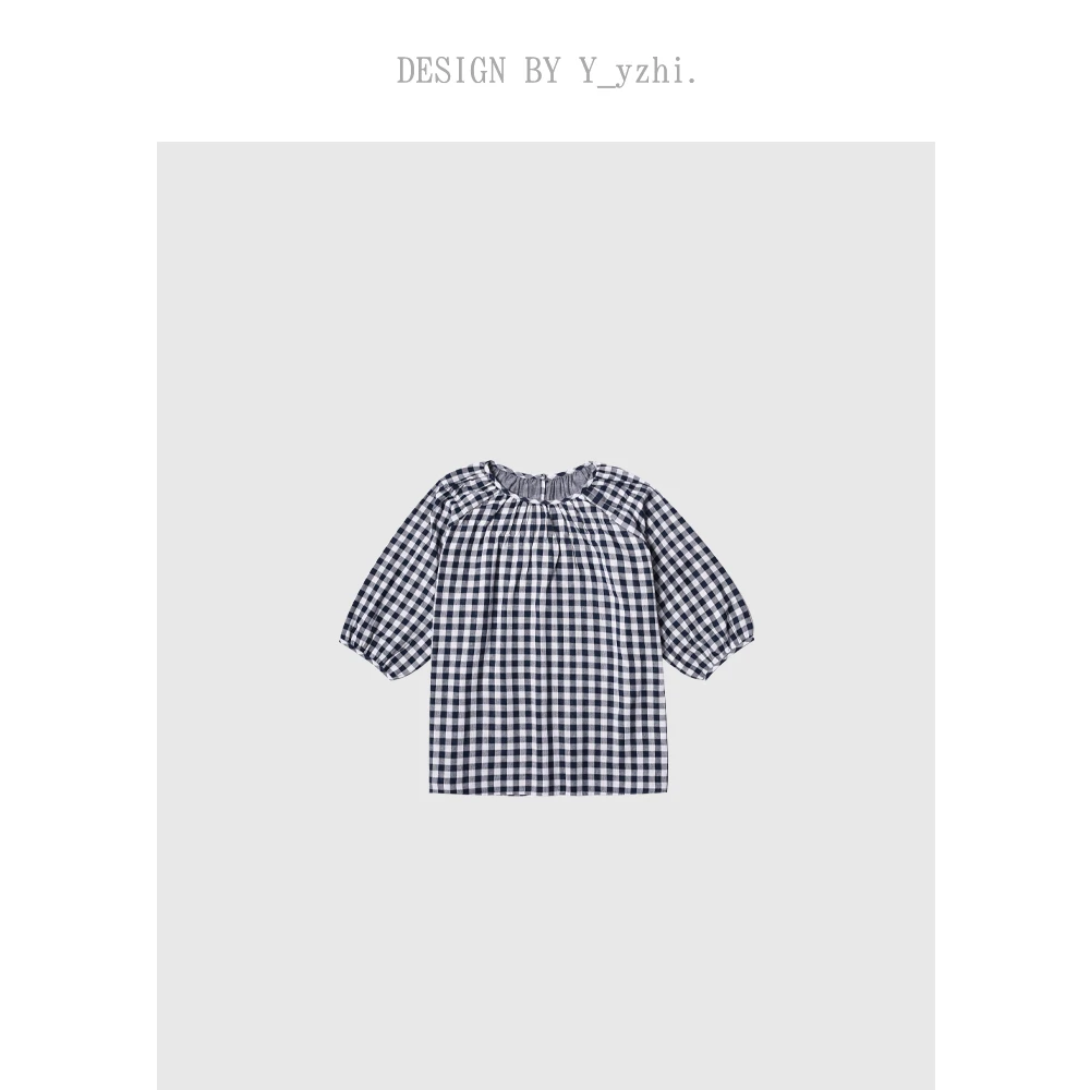 Y_yzhi 风铃｜个性格子泡泡五分袖上衣 圆领格纹拼色短袖衬衫