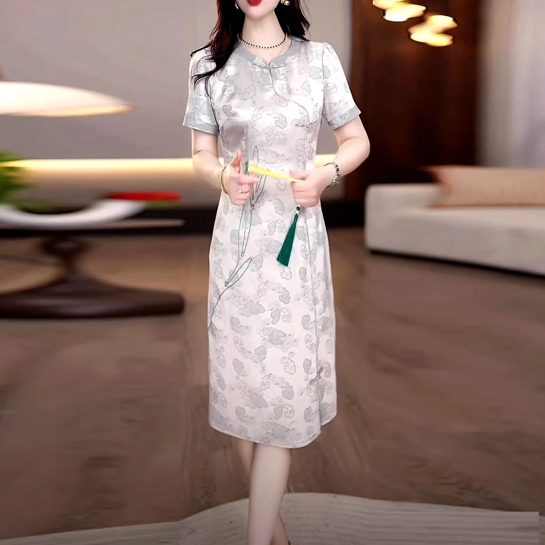 云锦提花缎时尚新中式改良旗袍裙2025夏季新款修身遮肉国风连衣裙