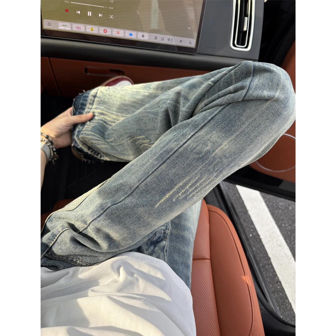 复古蓝猫爪痕水洗牛仔裤男款美式cleanfit显瘦裤子修身直筒微喇裤