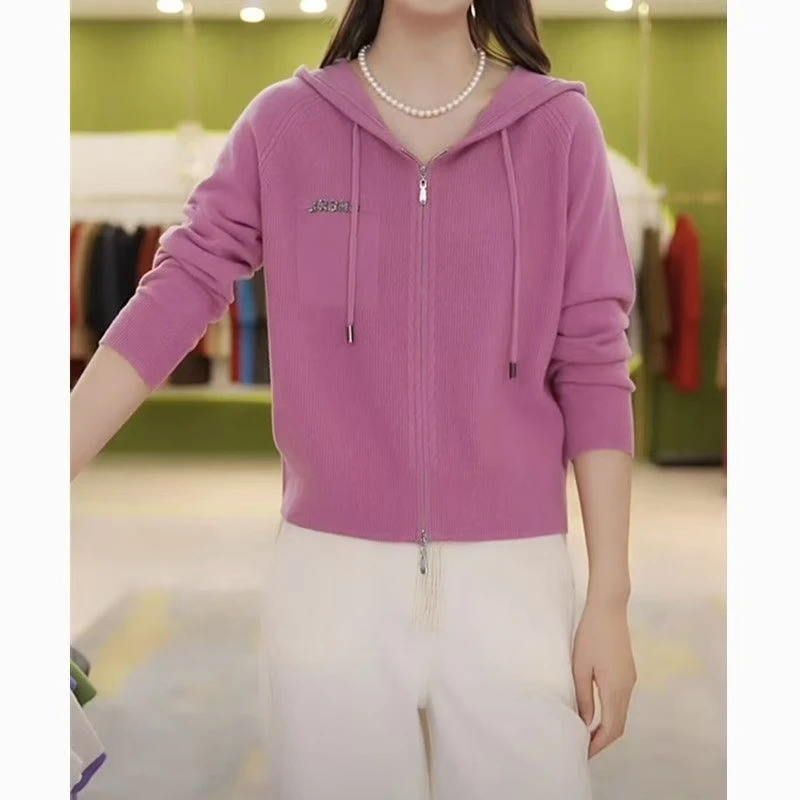 【连帽烫钻5】连帽针织衫开衫女春秋拉链带帽卫衣毛衣外套