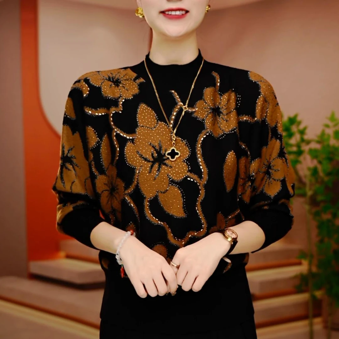 2025秋冬新款时尚妈妈长袖针织衫毛衣显瘦提花烫钻宽松洋气毛衣女