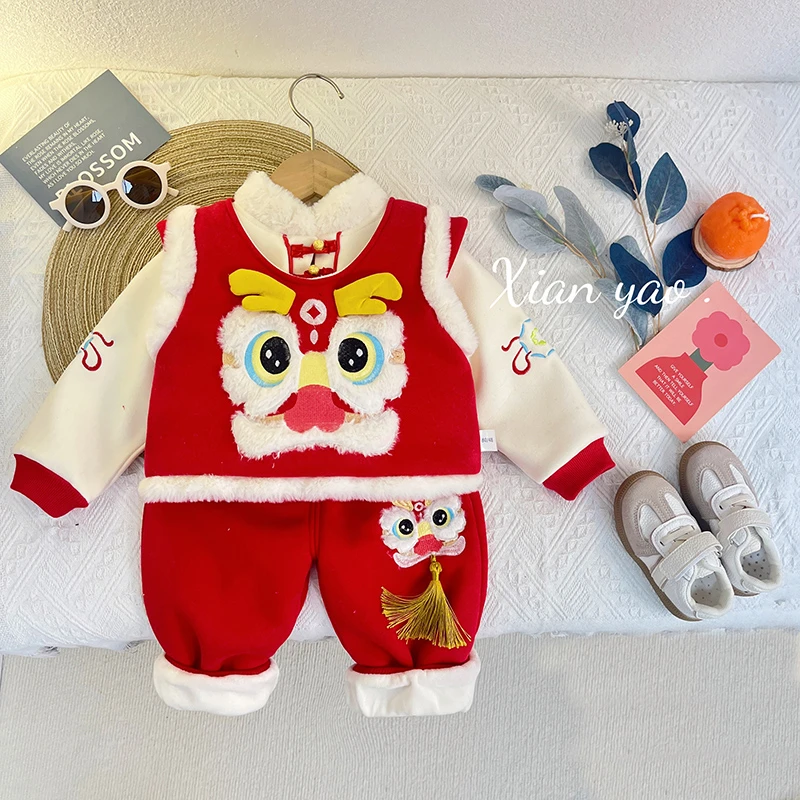 【福气醒狮】2024年男女宝同款冬季加绒加厚流苏拜年服套装WL-W-D86