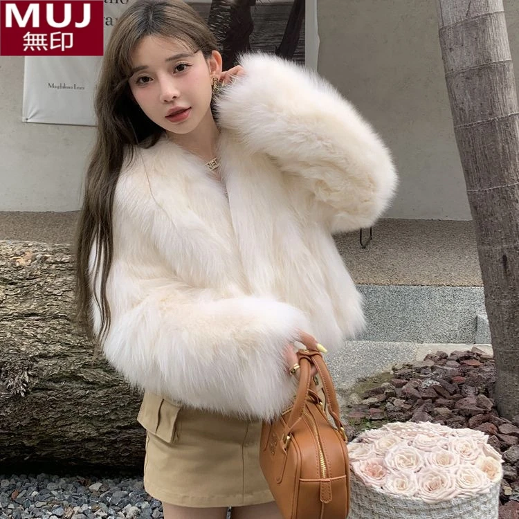 日本无印新款环保毛皮草外套女韩版小花毛毛大衣年轻时尚短款女装