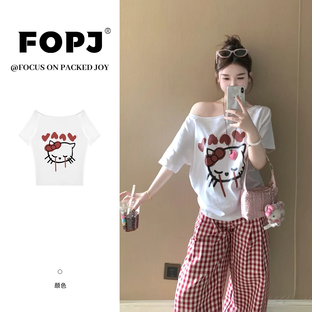 FOPJ美式学院风复古kitty印花斜肩短袖t恤女时尚百搭甜辣妹上衣潮
