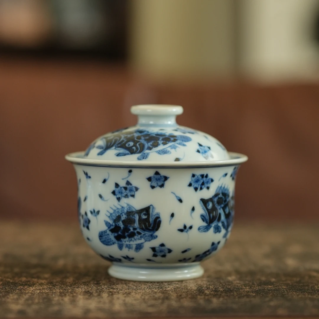 刘建锋窑手绘柴窑青花两才福袋盖碗桃花流水鳜鱼肥