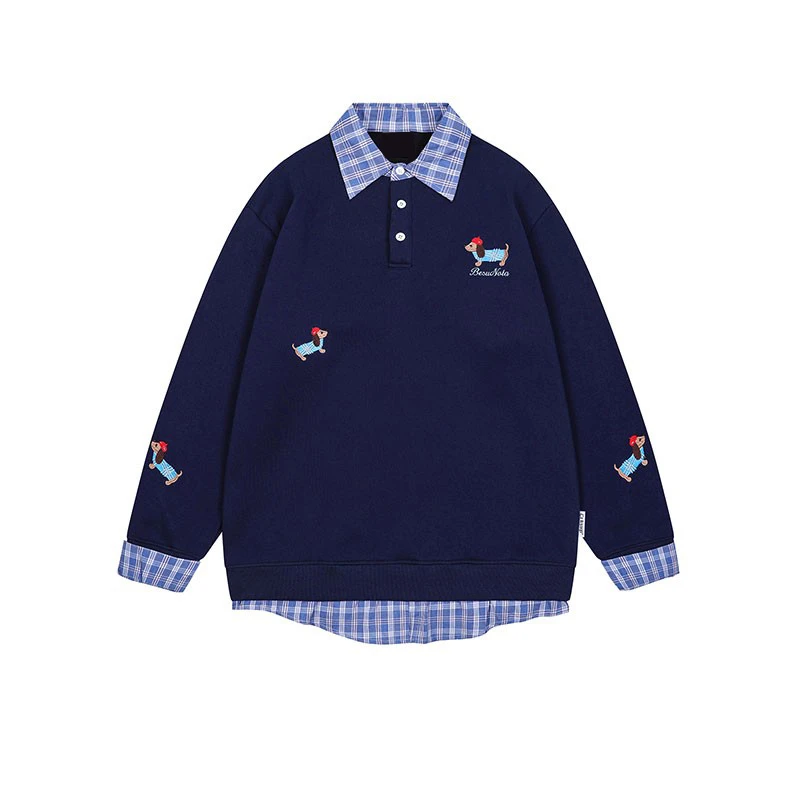 美式复古小狗刺绣格子POLO领卫衣女学院风假两件宽松情侣套头上衣