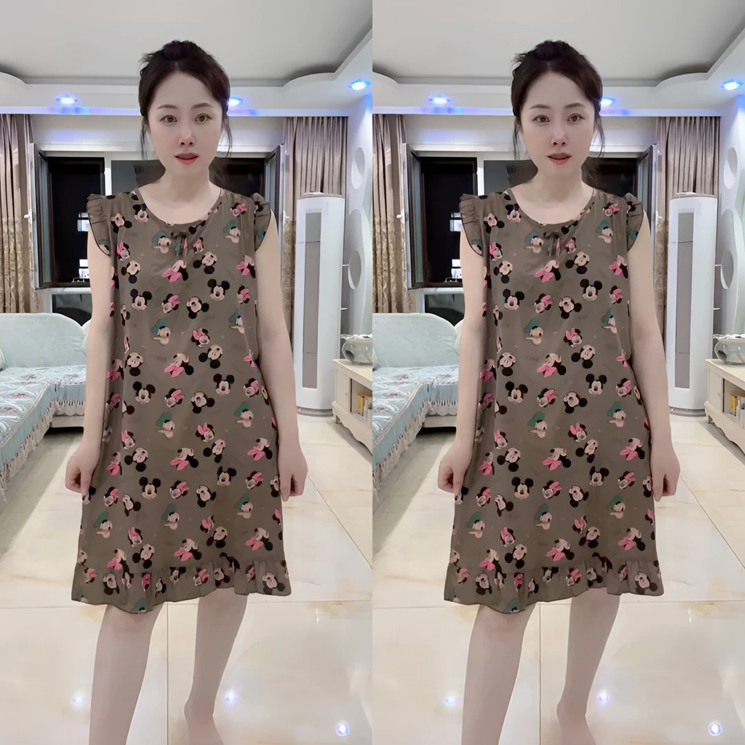 夏季薄款碎花棉绸睡衣家居服舒适时尚可外穿无袖睡裙卡通宽松