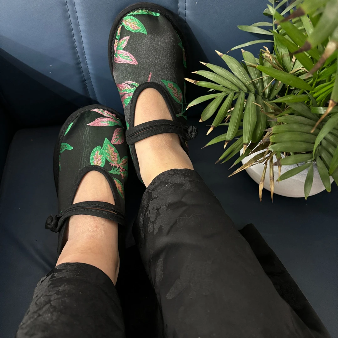 【翠绿-盘扣]25年麻棉单鞋千层底民族风系带平底老北京布鞋