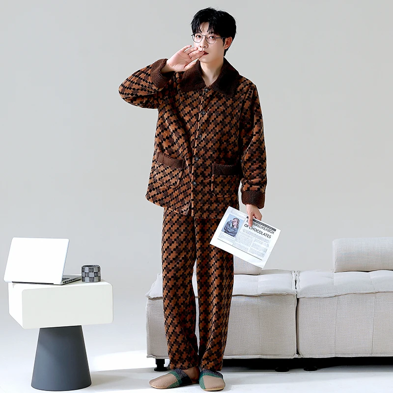 25春季睡衣男长裤长袖休闲时尚家居服宽松舒适线条格子睡衣家居服