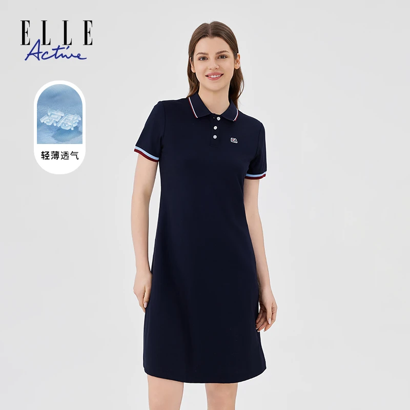 ELLE Active2025新款翻领连衣裙短袖休闲夏季收腰A字通勤polo裙子