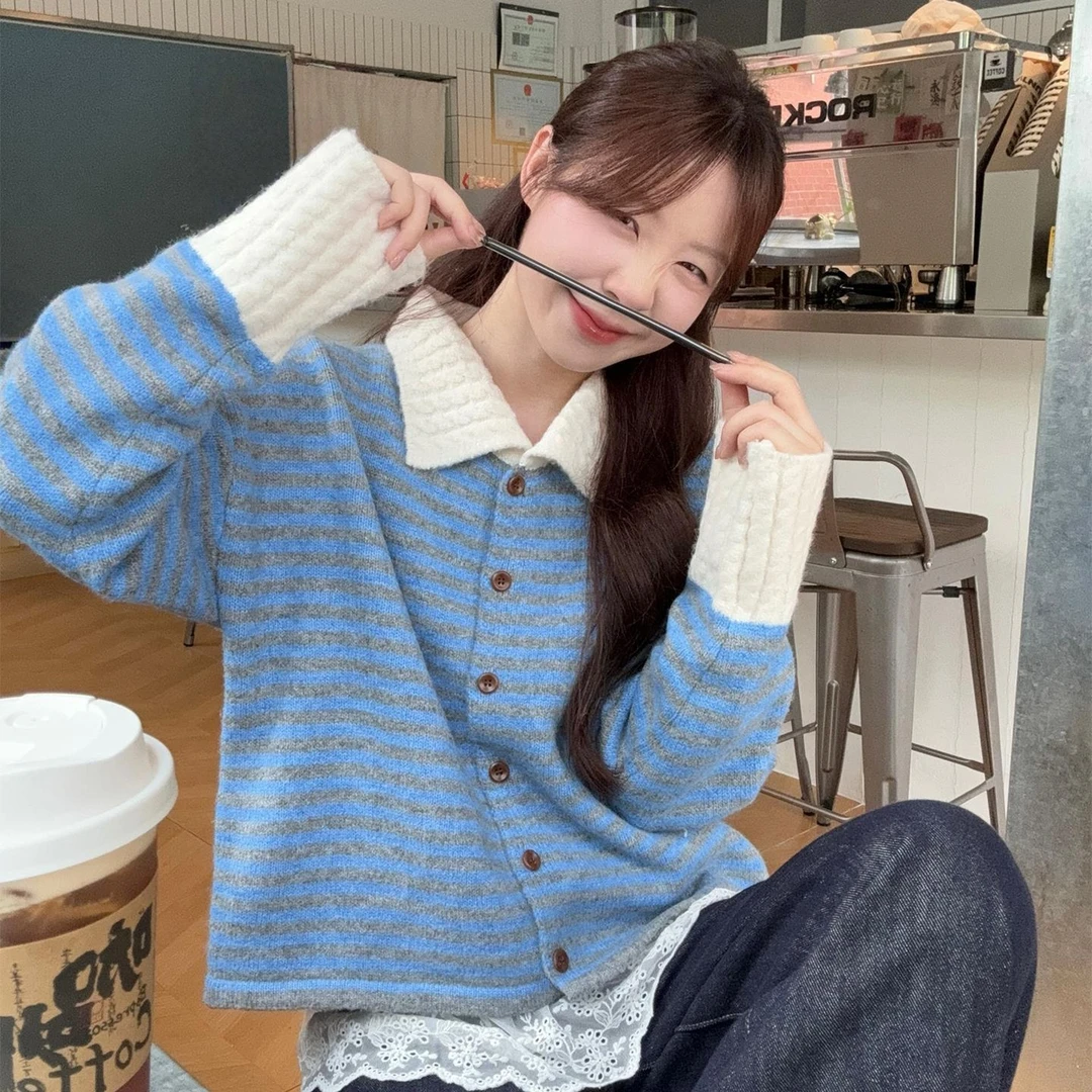 慵懒风设计感撞色翻领条纹毛衣女2025秋季新款宽松长袖针织上衣潮