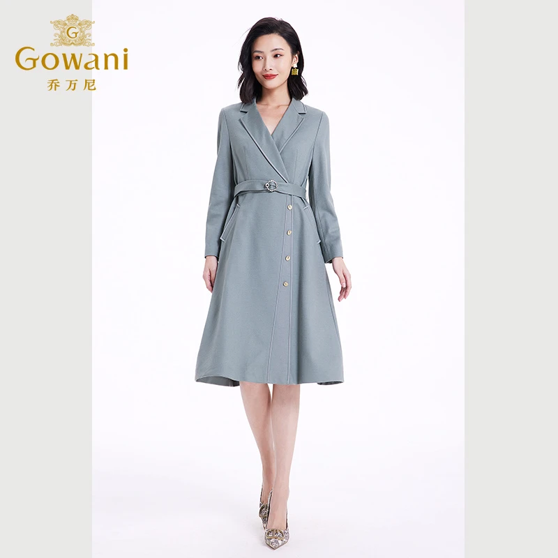 绵羊毛乔万尼连衣裙秋冬女法式收腰中长款羊毛裙EF4E107