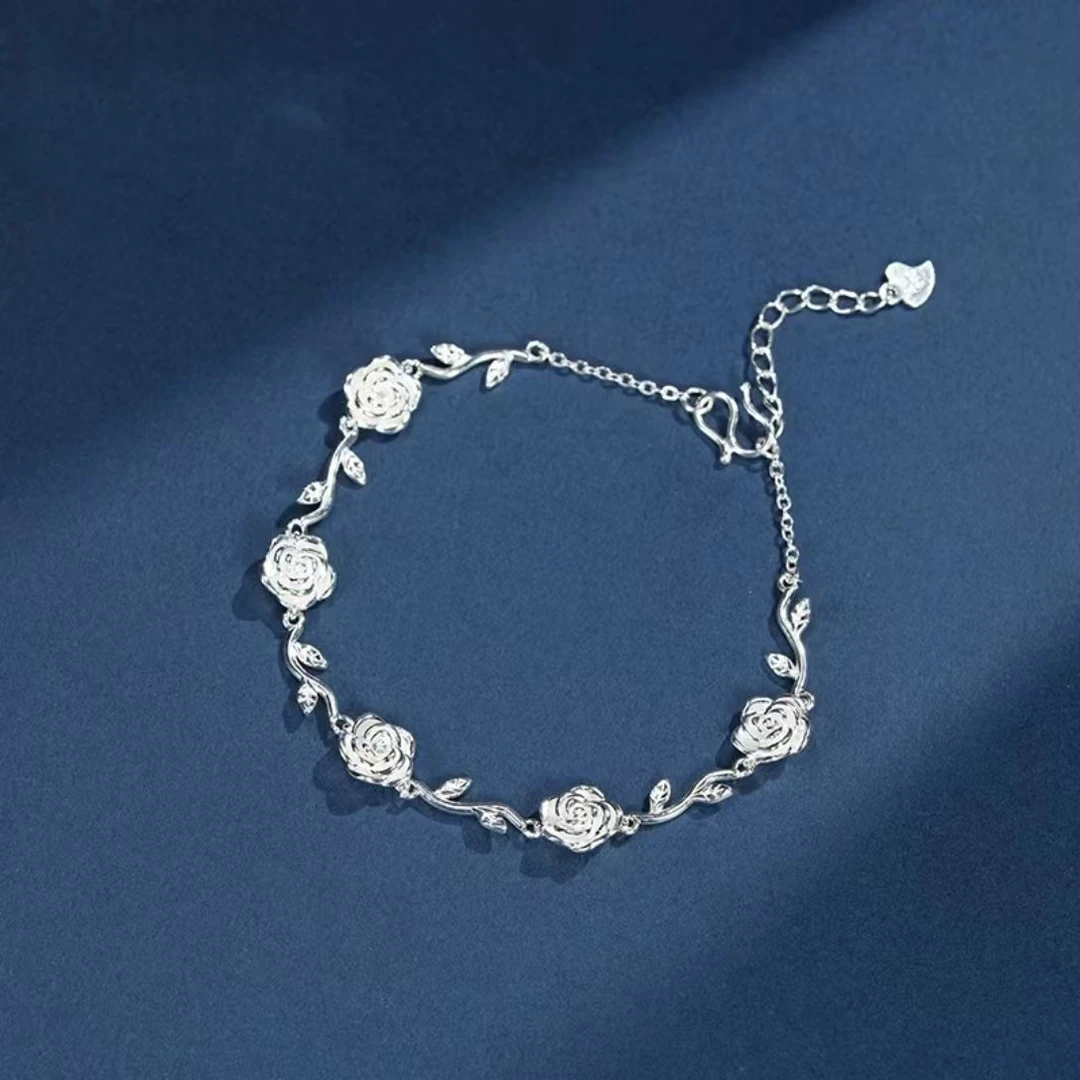 足银手链 足银【玫瑰花手链】玫瑰藤蔓实心新中式